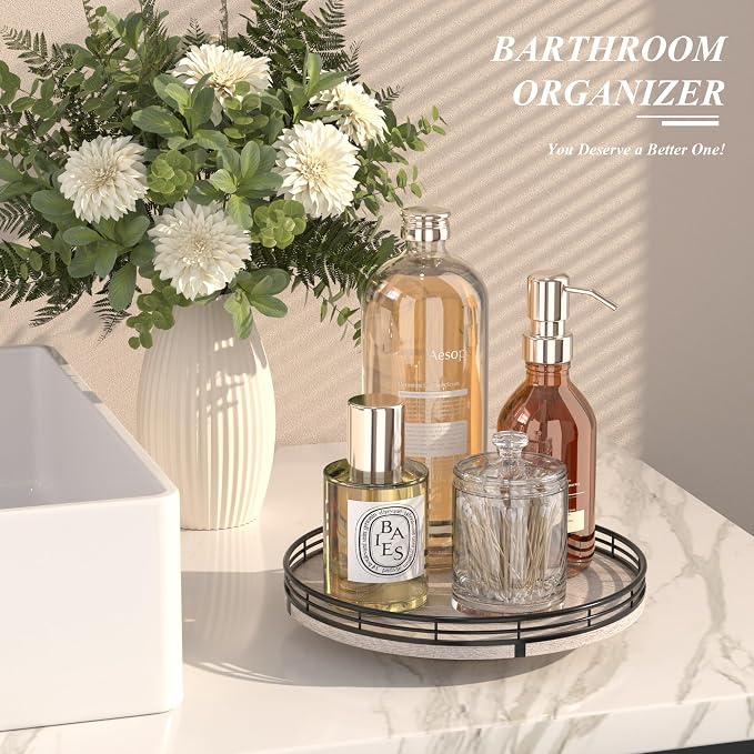 AMH 10-Inch Rustic Whitewashed Oak Lazy Susan Vanity Tray | Smooth rotating oak - Image 2