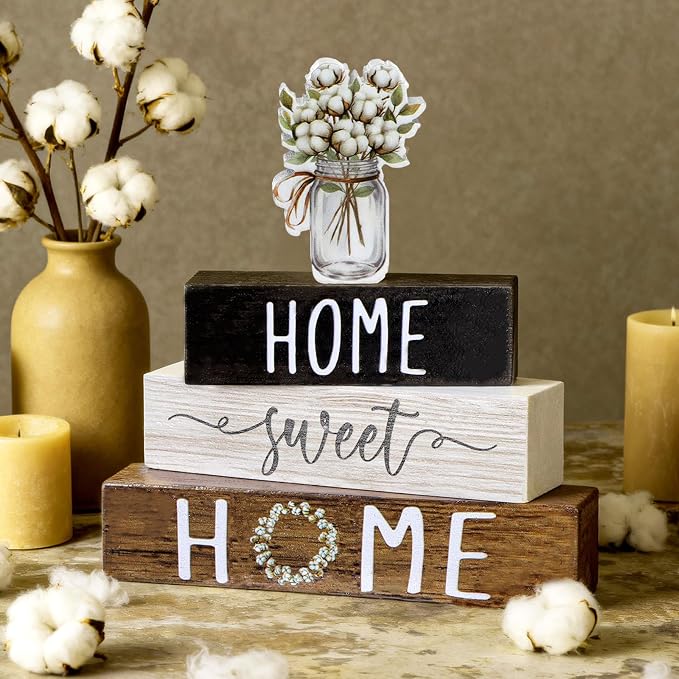 Cinnvoice 4 Pcs Farmhouse Wooden Tabletop Decor Cotton Summer Rustic Tiered - Image 2
