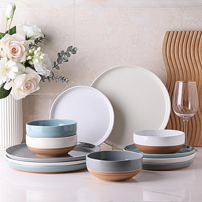 AmorArc Dinnerware Sets for 4, 12 Pieces Ceramic Plates and Bowls Set | Scratch by AmorArc