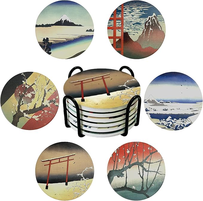 Ceramic Coasters Absorbent Non Slip 6pcs 4 Inch Coaster Ukiyo-e | Drink Coasters by Staruby