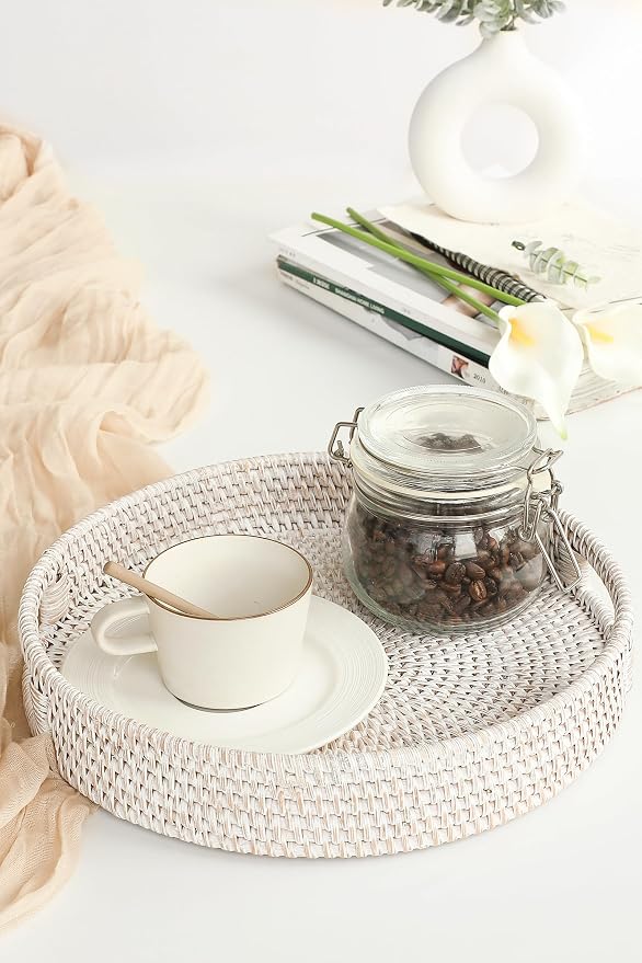 HITOMEN 11.8" Hand-Woven Round Rattan Serving Tray Decorative Wicker Trays - Image 4