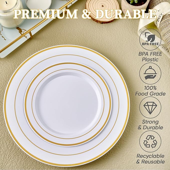 FOCUSLINE Gold Plastic Plates Set of 60, Disposable Plates - Image 4