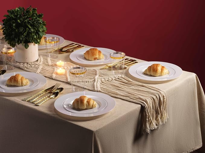 100 White Plastic Plates Set, Elegant Fancy Heavy Duty Disposable Plates - Image 3