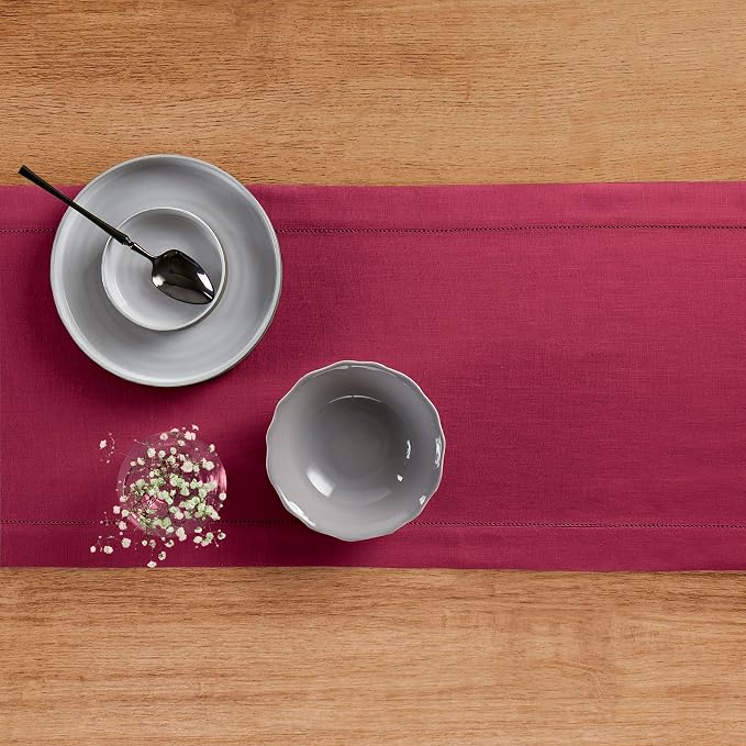 Solino Home 100% Pure Linen Dining Table Runner Beet Hemstitch, 14 x 132 in | - Image 3