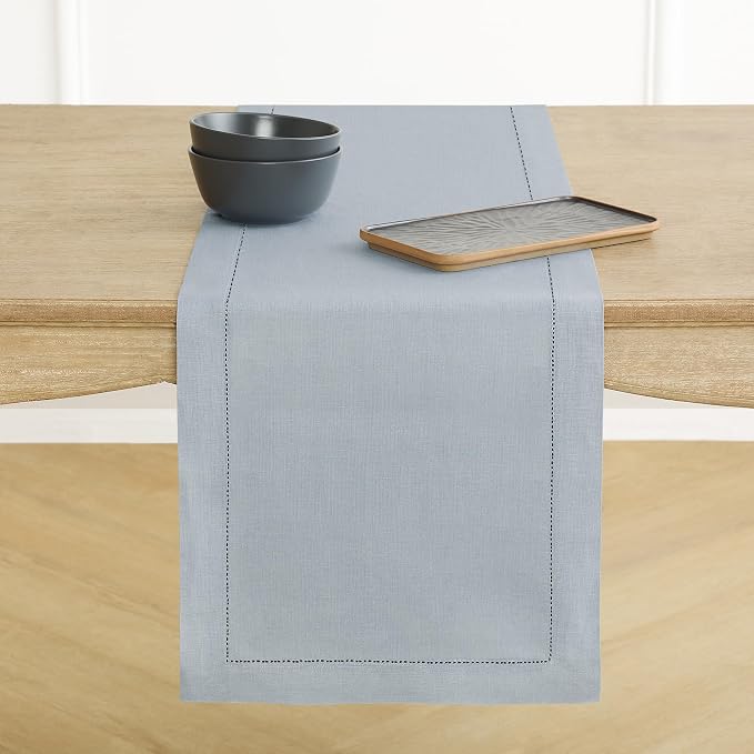 Solino Home 100% Pure Linen Table Runner Dusty Blue Hemstitch, 14 x 108 in | by SolinoHome