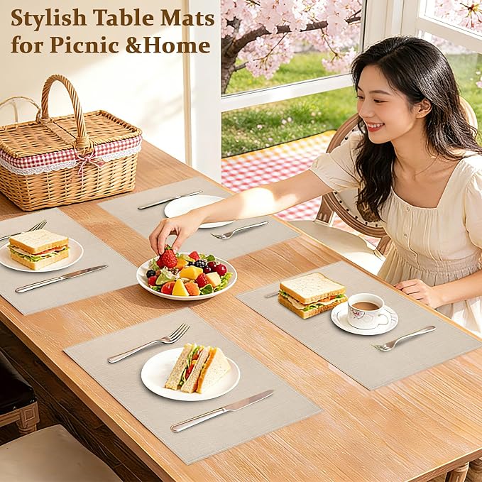 Bloss Beige Placemats Set of 4-12x18 Inch Washable Heat-Resistant Table Mats - Image 6