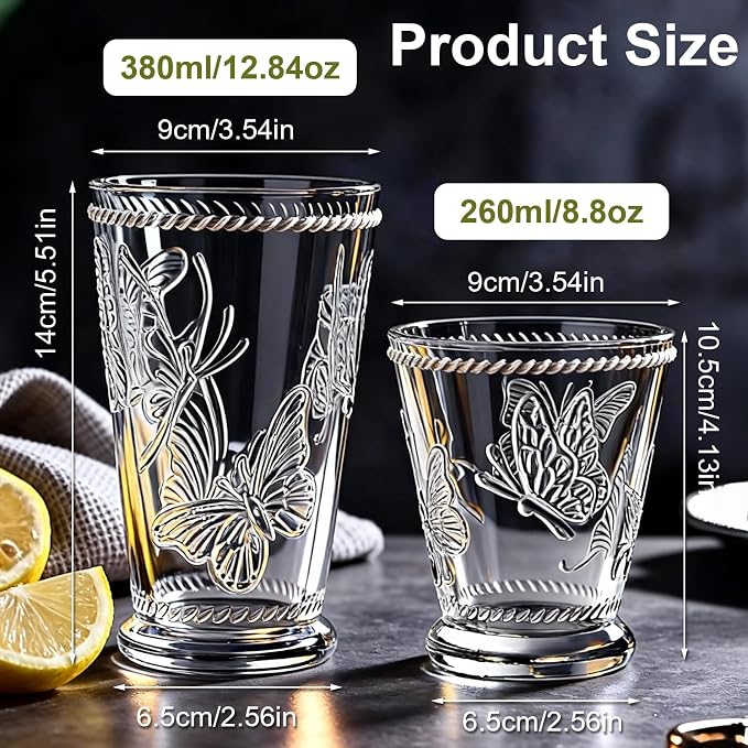 4 Pack Embossed Vintage Mixed Drinking Glasses, 12 Oz & 9 Oz Glasses | Embossed - Image 2