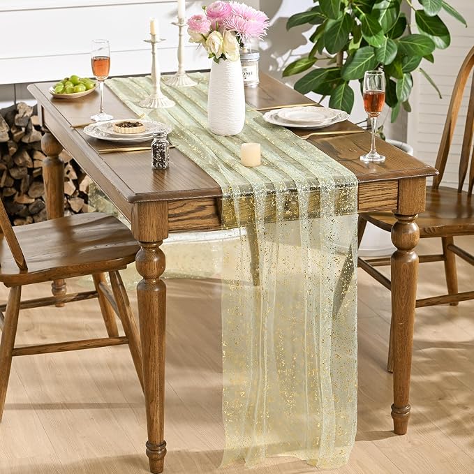 Artoid Mode 3PCS Sage Green Gold Gauze Table Runner 120 Inch 10FT, Glitter - Image 4