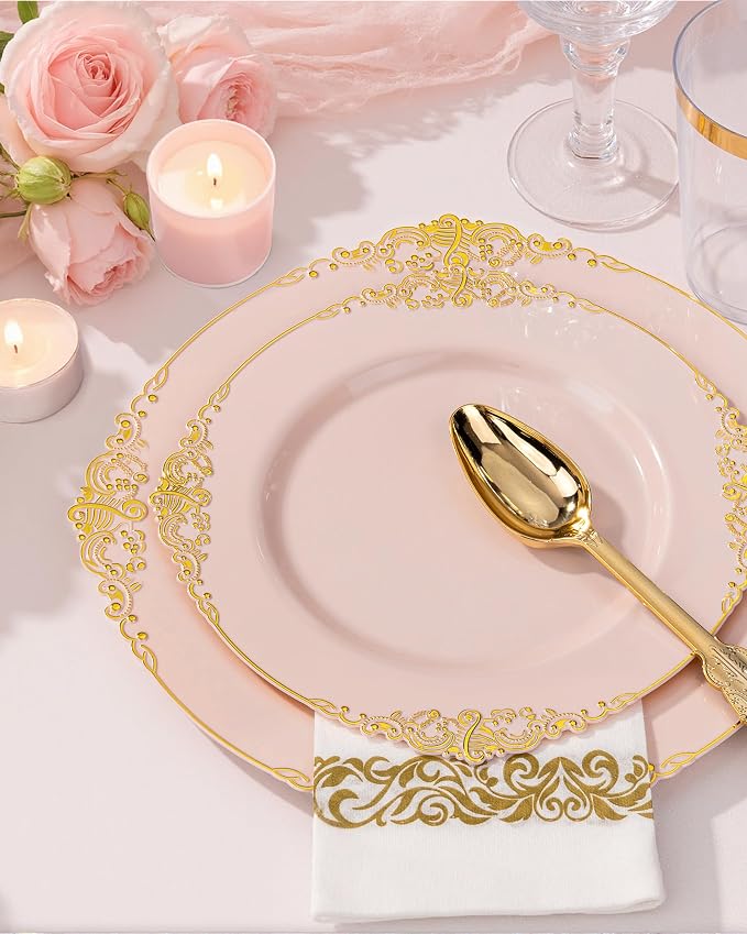 Nervure 350Pcs Pink Plastic Plates, Plastic Dinnerware Set - Image 2