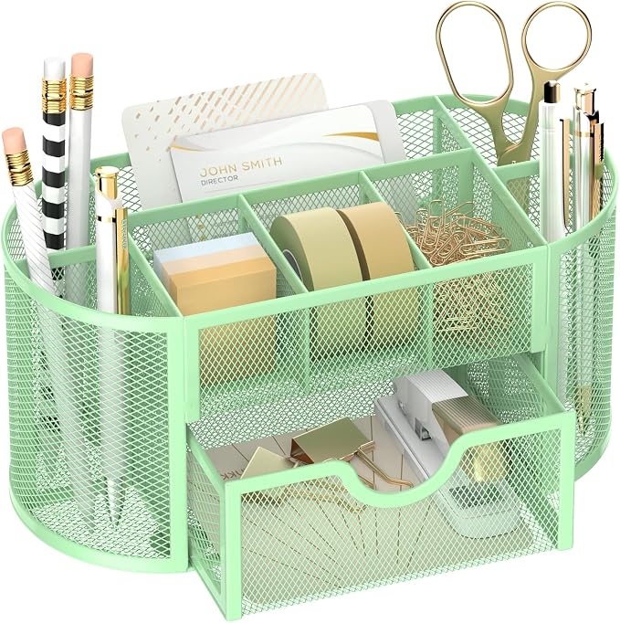 Mesh Desk Organizer with Drawer, 9-Compartment Pen Holder by SUPEASY
