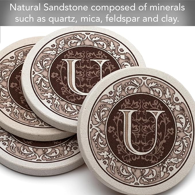 Thirstystone Monogram Round Natural Sandstone Coaster 4 Pack | 4" Diameter - Image 3