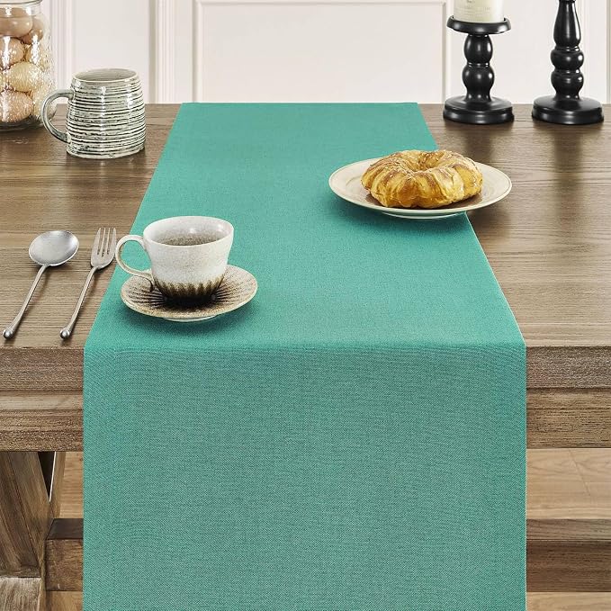 Basic Linen Style Table Runner, 14x72 Inch Teal | Mitered Corner Design - Image 5