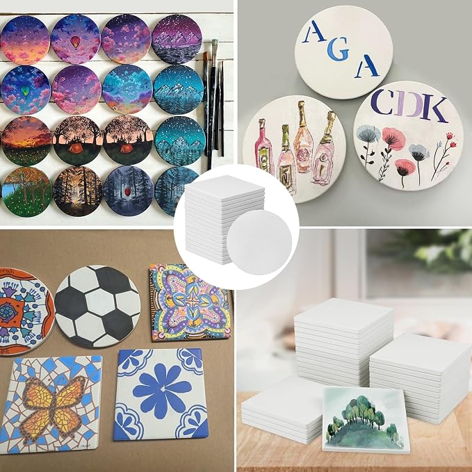 GNIEMCKIN 50 Pieces 4 Inch Round and Square Blank Ceramic Coasters, Unglazed - Image 6