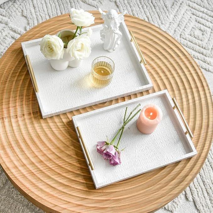 Set of 2 Modern Elegant Large Wood Serving Tray, Rectangle Decorative Tray - Image 3