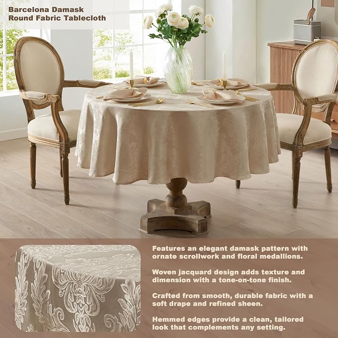 Newbridge Barcelona Luxury Damask Fabric Tablecloth, 90” Round, 100% Polyester - Image 2