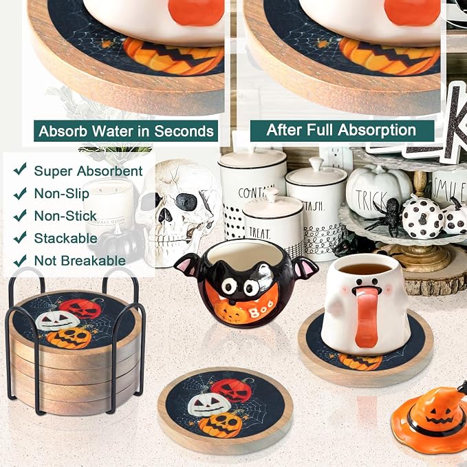 Halloween Coasters Set of 6, Pumpkins Coaster, Minacun Black Absorbent Coasters - Image 2