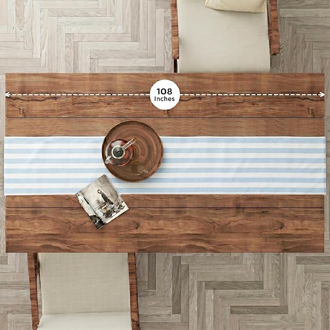 Folkulture Table Runner 108 Inches Long Blue & White Striped Cotton Coastal - Image 2