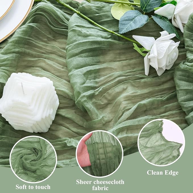 Cheesecloth Table Runner 10FT 12Pcs Sage Green Boho Gauze Sheer Runners | - Image 3