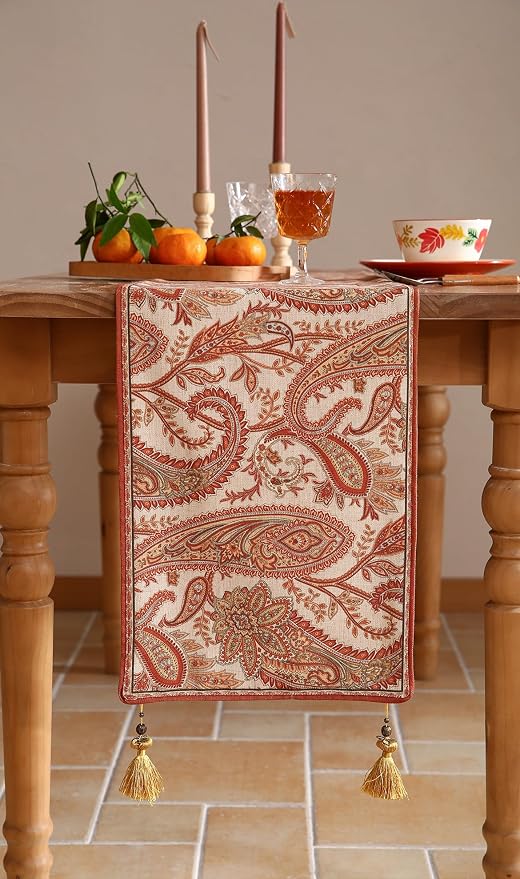 Designer French Linen Long Table Runner, Cashew Pattern, Dining Table, Kitchen - Image 5