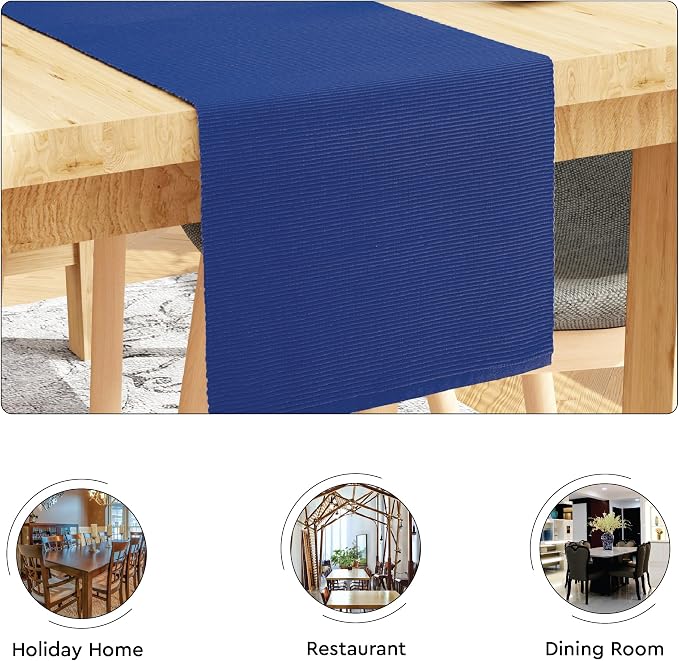 Encasa XO Table Runner, Yarn Dyed Ribbed Cotton 13"x79" | Solid Blue, 12-Ply - Image 4
