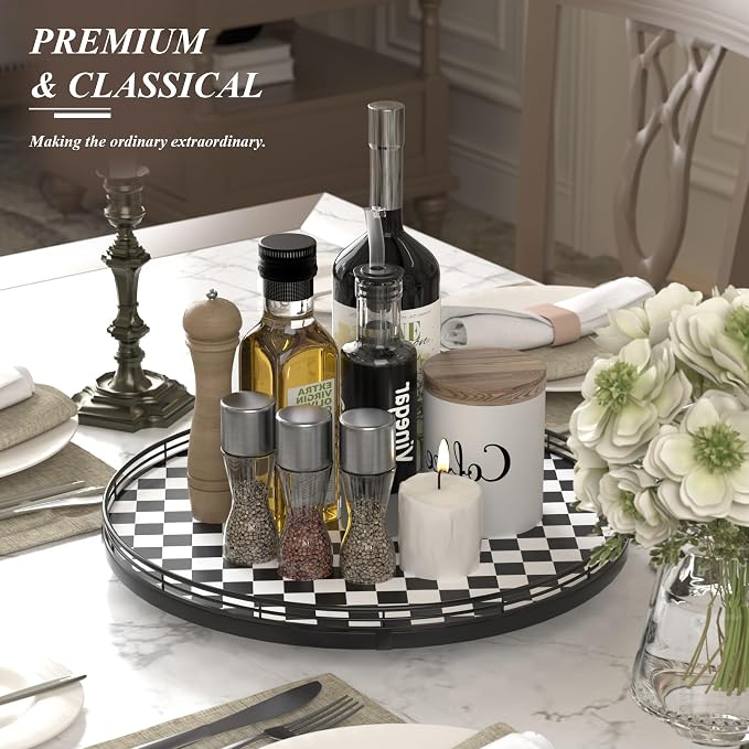 AMH 16-Inch Black and White Checkerboard Lazy Susan Decorative Tray | Smooth - Image 3