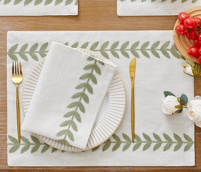 Wracra Embroidered Place Mats, Sage Green Rustic Placemats Set of 6 | Macrame - Image 6