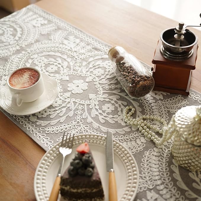 Extra Long Table Runner Embroidered Dresser Scarf, 4 Tassel Pendants, Layered - Image 4