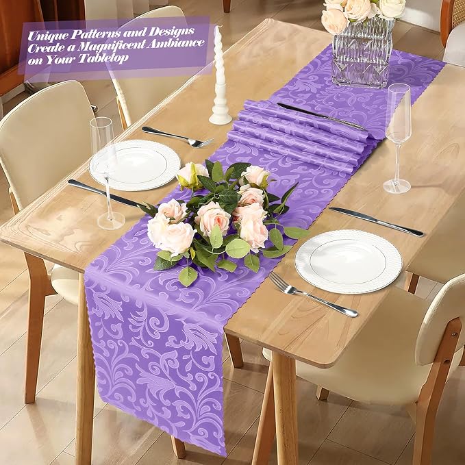 MILVOWOC 12 Pack Lilac Satin Table Runner, 12 x 72 Inch | Jacquard Damask - Image 2