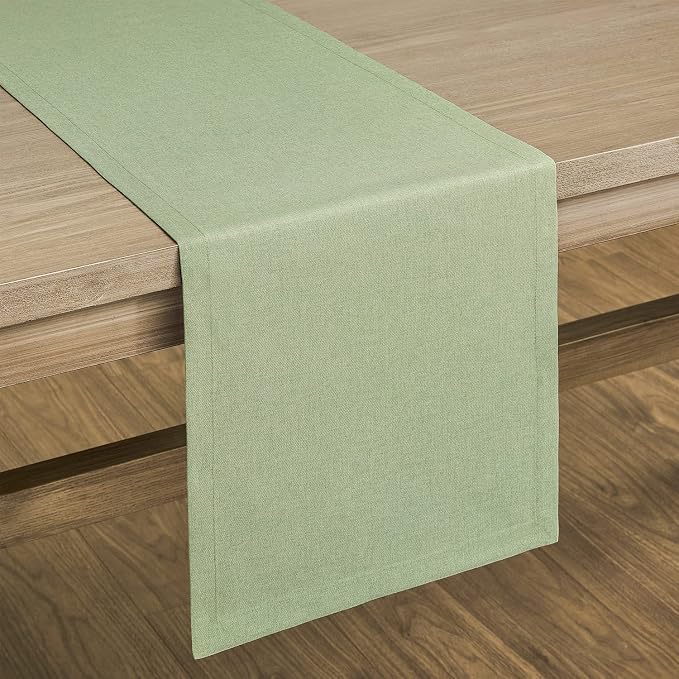 Basic Linen Style Table Runner, 14x36 Inch Sage Green | Mitered Corner Design - Image 7