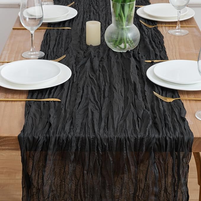 Asee'm 6pcs Black Cheesecloth Table Runner Summer 10FT Boho Gauze Rustic | - Image 2