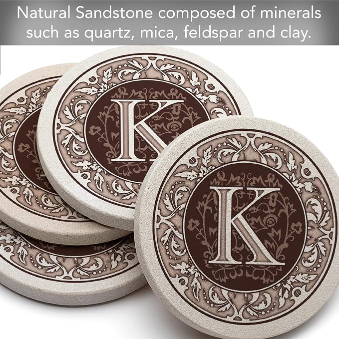 Thirstystone Monogram Round Natural Sandstone Coaster 4 Pack | 4" Diameter - Image 4