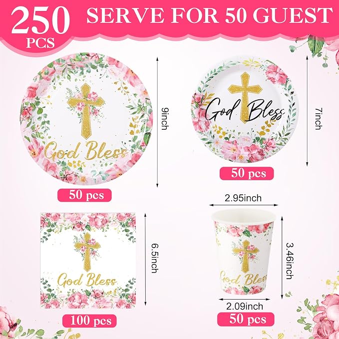 Pickmesh 250 Pcs Pink Baptism Cross Disposable Tableware Set Confirmation - Image 3