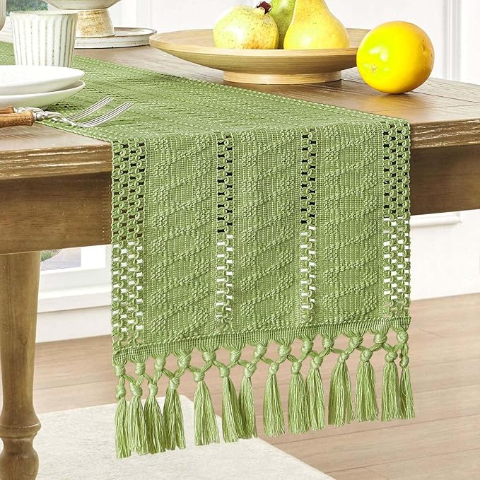 Macrame Style Boho Table Runner, 12x90 Inch Green | Woven Boho Table Runner by ZEEMARTONLINE
