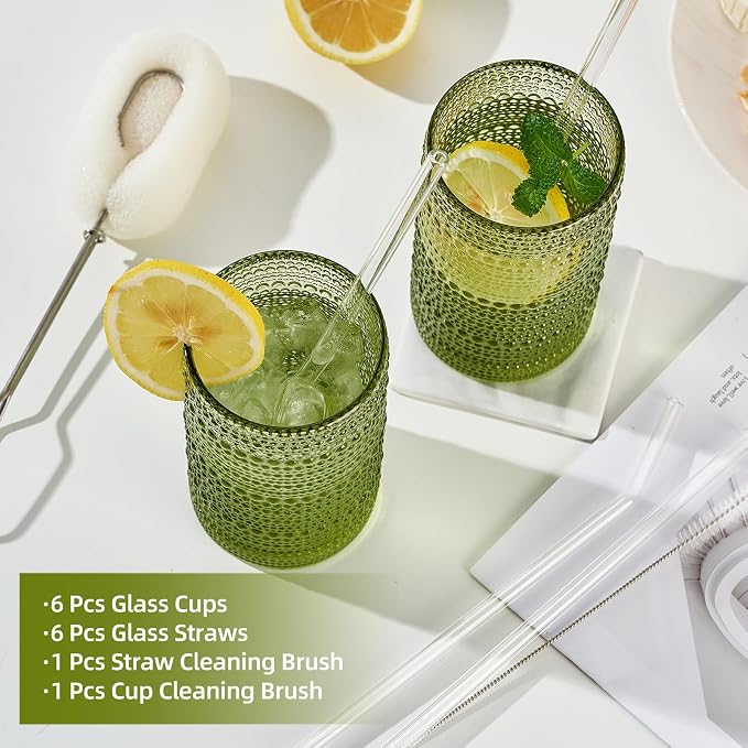 16oz Hobnail Drinking Glasses Set of 6, Vintage Large Capacity Embossed Green - Image 5