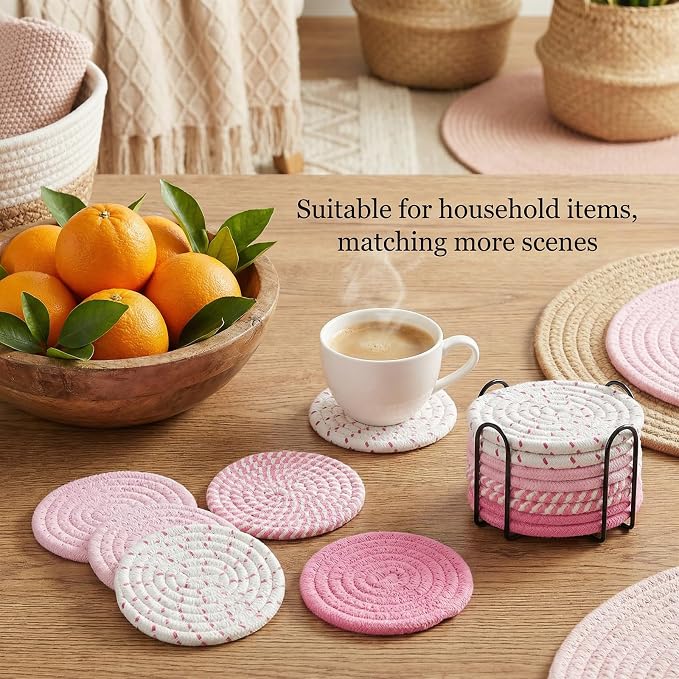Drink Coasters Set of 8 with Holder, Cotton Woven - Image 2