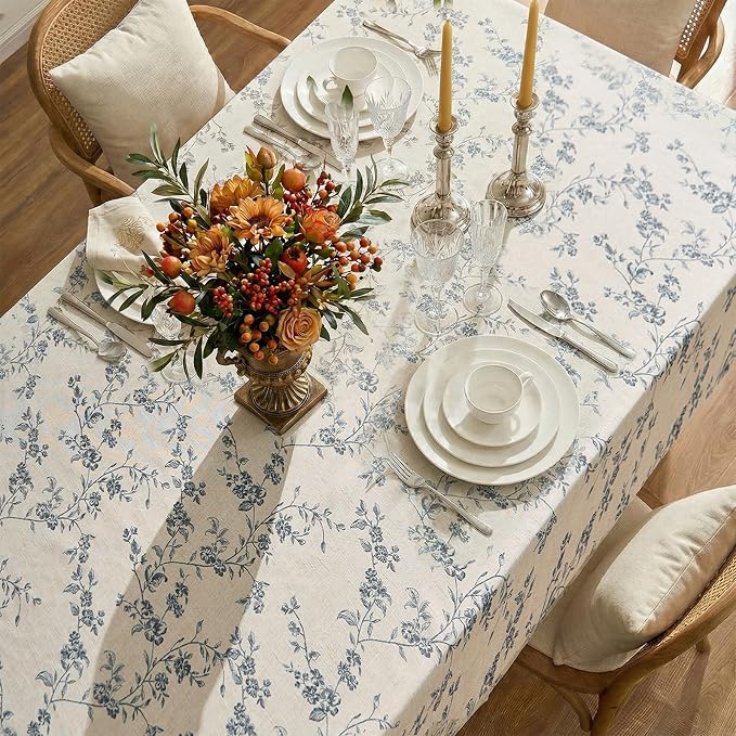 jinchan Blue Farmhouse Floral Linen Rectangle Table Cloth 52 x 70 Inch | - Image 4