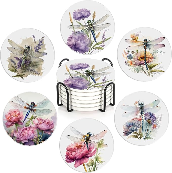 Coaster for Drinks Set of 6, Dragonfly Flower Absorbing Round Ceramic Stone by Unknown