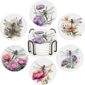 Coaster for Drinks Set of 6, Dragonfly Flower Absorbing Round Ceramic Stone by Unknown