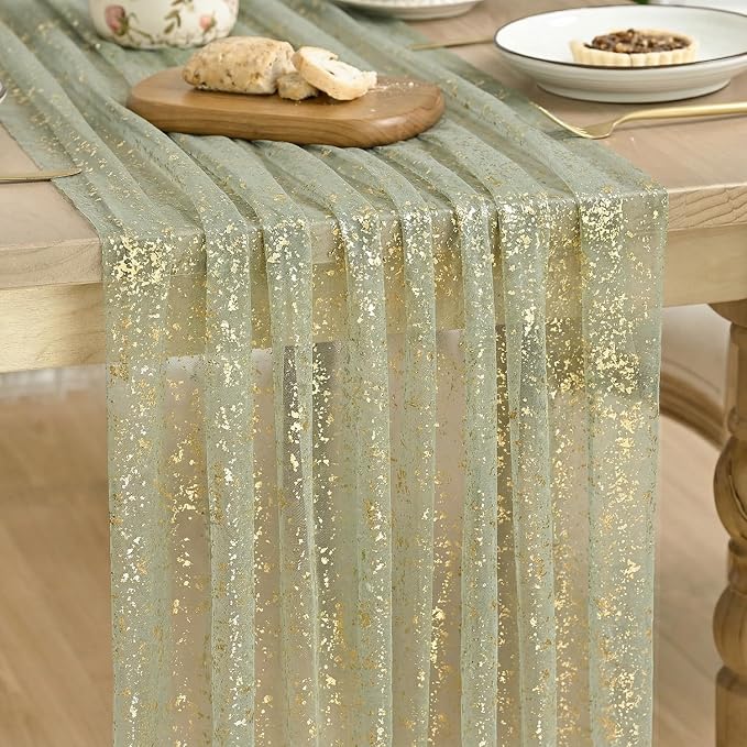 Artoid Mode Sage Green Gold Gauze Table Runner 59x120 Inch 10FT, Glitter by ArtoidMode