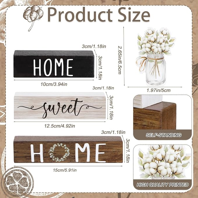 Cinnvoice 4 Pcs Farmhouse Wooden Tabletop Decor Cotton Summer Rustic Tiered - Image 3