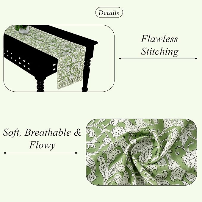 Sage Green Hand Block Print 100% Cotton Table Runner 16x106 Inch | Perfect - Image 2
