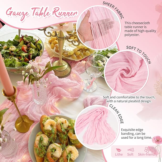 Showgeous 4 Pack Light Pink Cheesecloth Table Runner, 17 x 108 Inches | Boho - Image 3