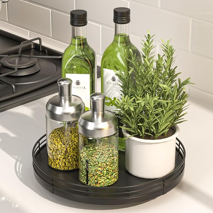Oroyutor 9-Inch Oak Lazy Susan Spice Organizer, toiletries and decor on kitchen - Image 3