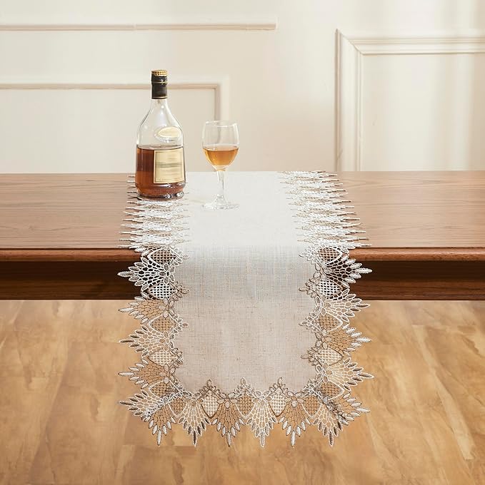 Natural Linen Table Runner 108 inches Beige Lace Coffee Table Runner | French - Image 2