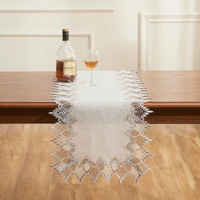 Natural Linen Table Runner 90 inches Beige Lace Coffee Table Runners | French - Image 2