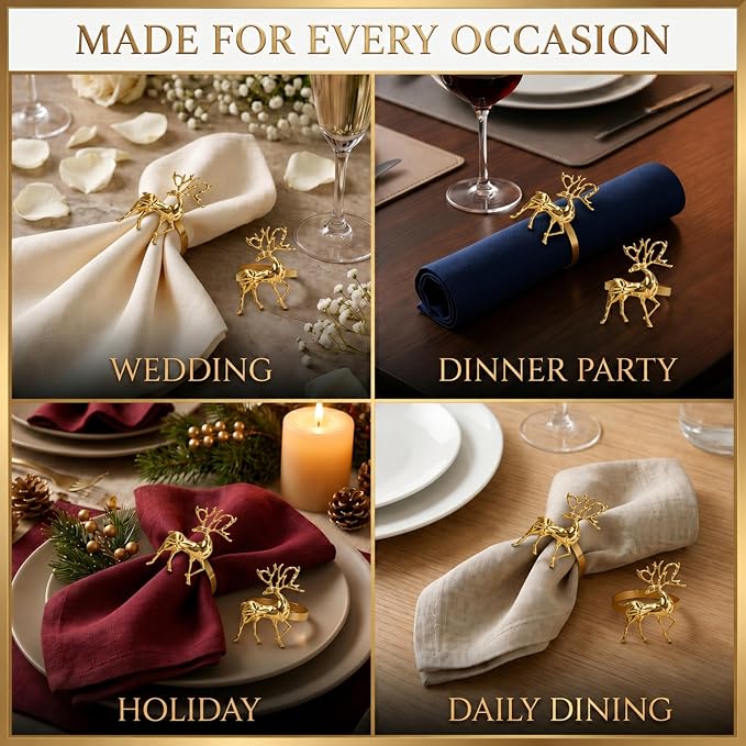 Gold Napkin Rings Set of 12 – Holiday Reindeer Design – Elegant Christmas Table - Image 7
