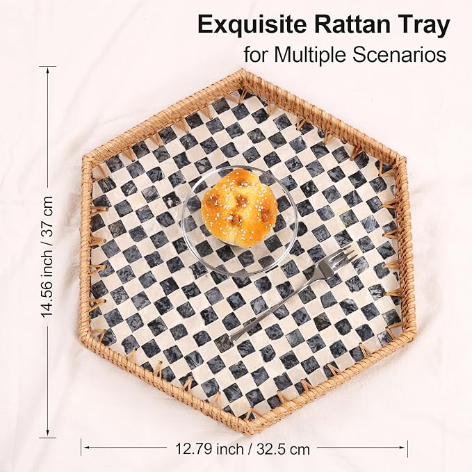 Hexagon Rattan Tray with Mother of Pearl Inlay, Rattan Serving Tray - Image 9