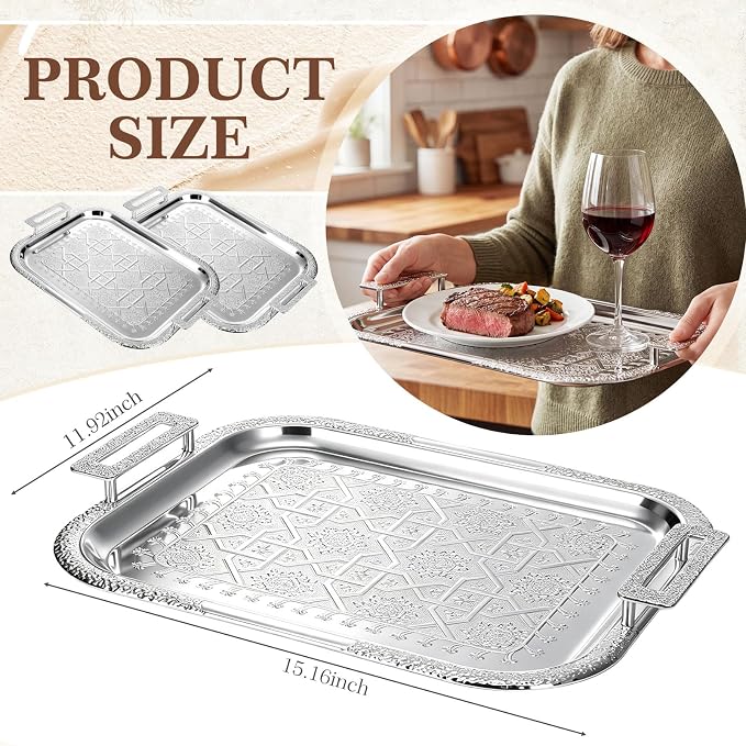 4 Pack Serving Tray with Handles 15.16 x 11.92 Inch Large Metal Plate Floral - Image 3