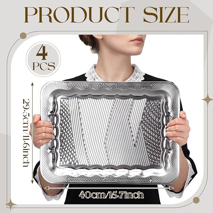 4 Pack 15.8" x 11.6" Large Silver Serving Trays - Image 2