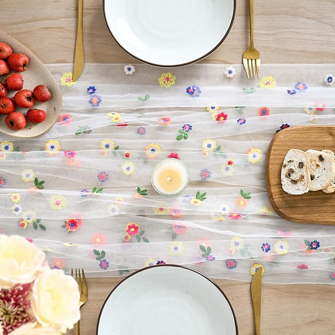 Artoid Mode 6PCS Embroidery Daisy Gauze Table Runner 120 Inch 10FT | Seasonal - Image 2
